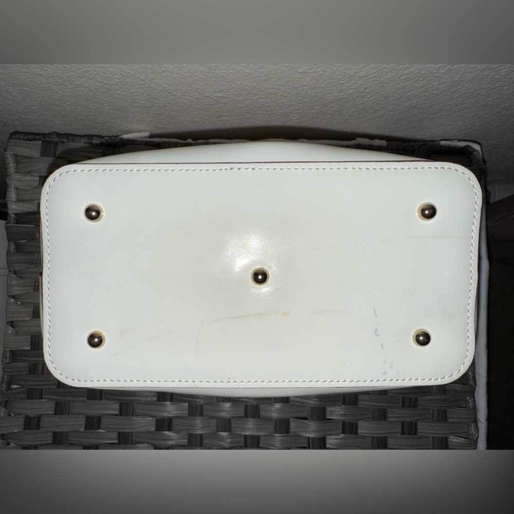 Dooney & Bourke Mini White Patent Leather Satchel Tote with Brown Leather Strap - Picture 4 of 17